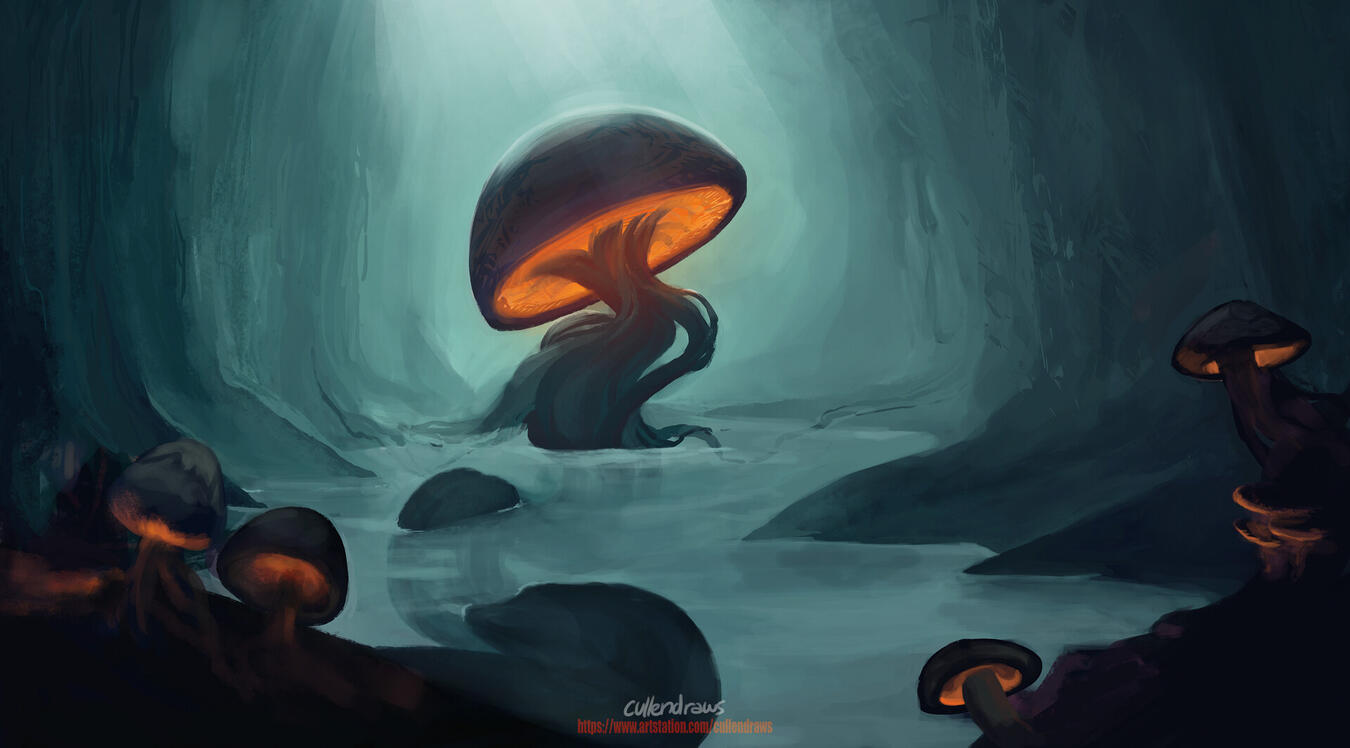 an image of a dark, murky cave with mushrooms growing in it. the image is in all blues and teals, except for the glowing orange insides of the fungi. in the center, there is a giant, tree-like mushroom growing out of a shallow pool of water.